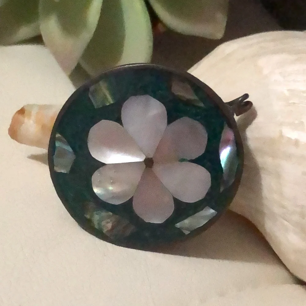 Handmade Vintage Mini Metal Tin-Abalone Inlay Cover Detail